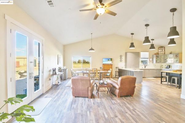 Dining room, Interior, Kitchen, Pendant Lights, Wood Texture Flooring
