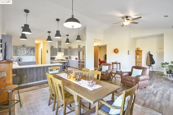 Dining room, Interior, Kitchen, Pendant Lights, Wood Texture Flooring