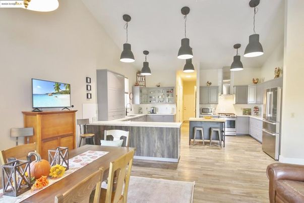 Interior, Kitchen, Pendant Lights, Stainless Steel Appliances, Wood Texture Flooring