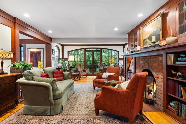 Fireplace, Interior, Living room, Recessed Lighting, Stone Walls, Wood Texture Flooring