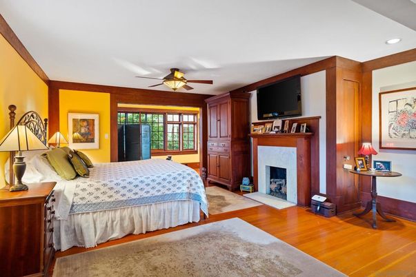 Bedroom, Fireplace, Interior, Recessed Lighting, Wood Texture Flooring