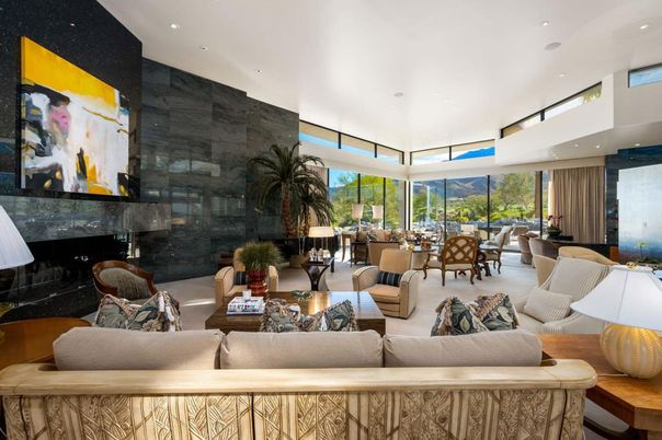 Dining room, Fireplace, Interior, Living room, Recessed Lighting, Stone Walls