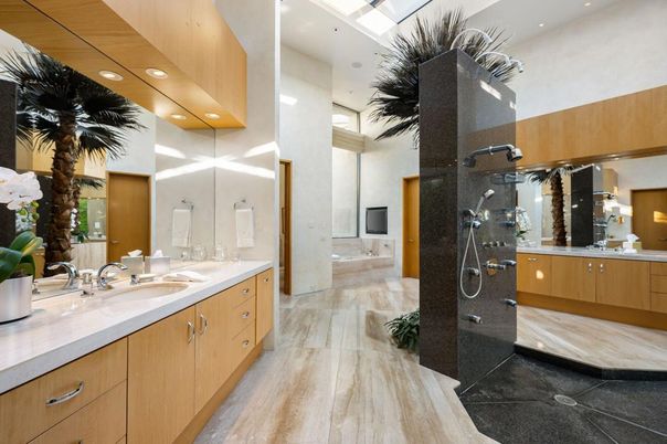Bathroom, Dual Sink Vanities, Interior, Recessed Lighting, Wood Texture Flooring