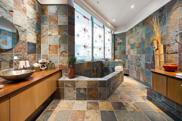 Bathroom, Interior, Recessed Lighting, Stone Walls