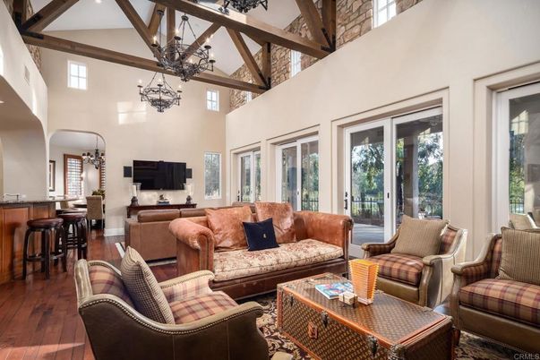 Chandelier, Interior, Living room, Pendant Lights, Wooden Beams, Wood Texture Flooring