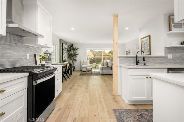 Interior, Kitchen, Living room, Recessed Lighting, Stainless Steel Appliances, Wood Texture Flooring