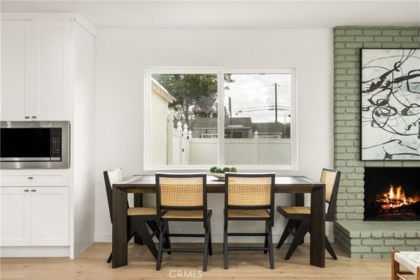 Dining room, Fireplace, Interior, Stone Walls, Wood Texture Flooring