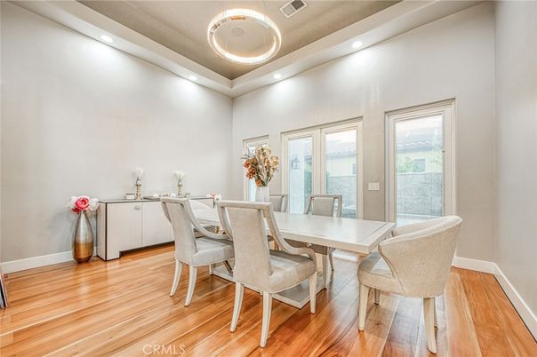 Dining room, Interior, Pendant Lights, Recessed Lighting, Wood Texture Flooring