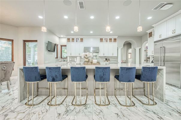 Interior, Kitchen, Marble, Pendant Lights, Recessed Lighting, Stainless Steel Appliances