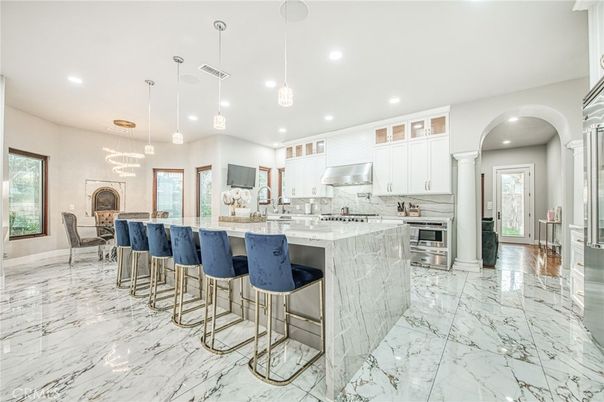 Interior, Kitchen, Marble, Pendant Lights, Recessed Lighting, Stainless Steel Appliances