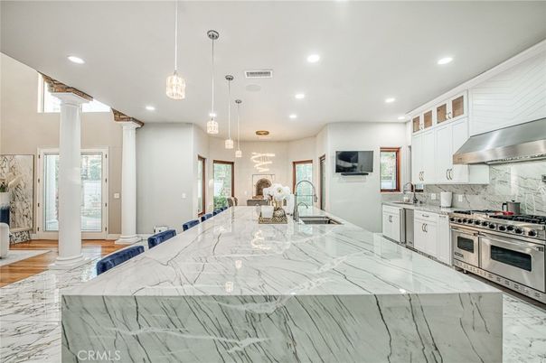 Interior, Kitchen, Marble, Pendant Lights, Recessed Lighting, Stainless Steel Appliances, Wood Texture Flooring
