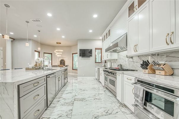 Interior, Kitchen, Marble, Pendant Lights, Recessed Lighting, Stainless Steel Appliances