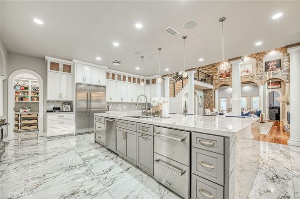 Interior, Kitchen, Marble, Pendant Lights, Recessed Lighting, Stainless Steel Appliances