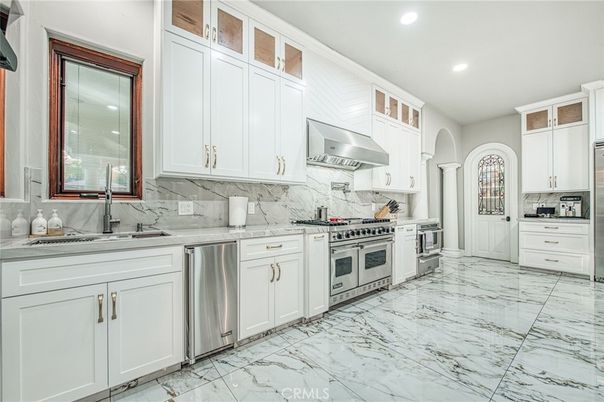 Interior, Kitchen, Marble, Recessed Lighting, Stainless Steel Appliances