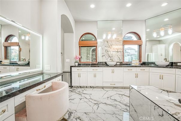 Bathroom, Dual Sink Vanities, Free Standing Baths, Interior, Marble, Marble Walls, Recessed Lighting