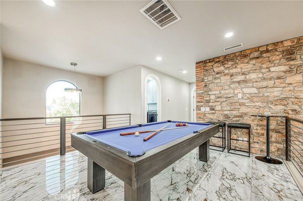 Billiard Table, Game Room, Interior, Marble, Pendant Lights, Recessed Lighting, Stone Walls