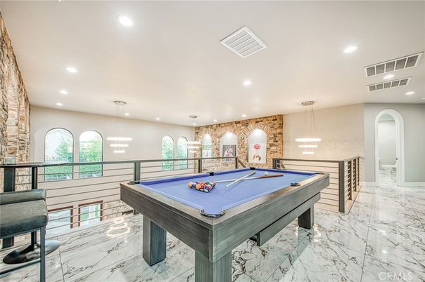 Billiard Table, Game Room, Interior, Marble, Pendant Lights, Recessed Lighting, Stone Walls