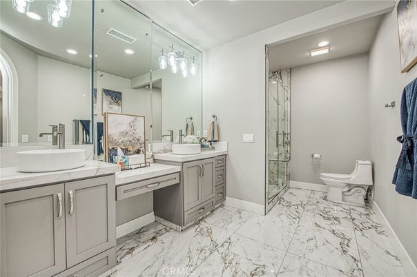 Bathroom, Dual Sink Vanities, Glass Shower, Interior, Marble, Recessed Lighting