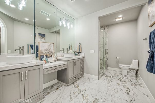 Bathroom, Dual Sink Vanities, Glass Shower, Interior, Marble, Recessed Lighting