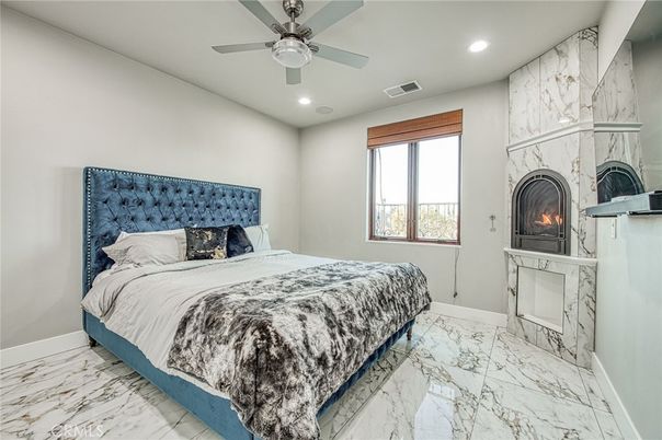 Bedroom, Fireplace, Interior, Marble, Marble Walls, Recessed Lighting