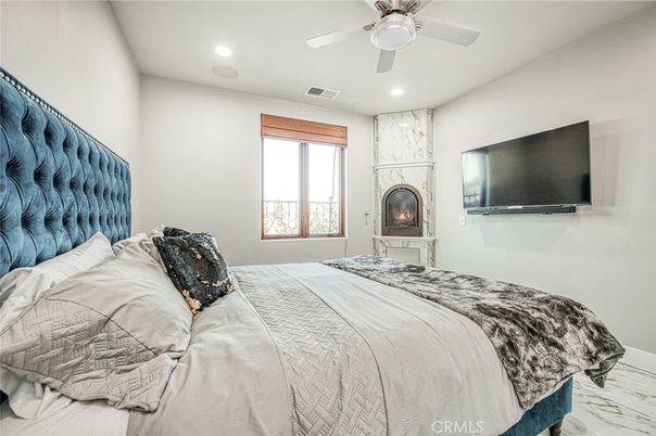 Bedroom, Fireplace, Interior, Marble, Recessed Lighting