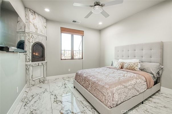 Bedroom, Fireplace, Interior, Marble, Recessed Lighting
