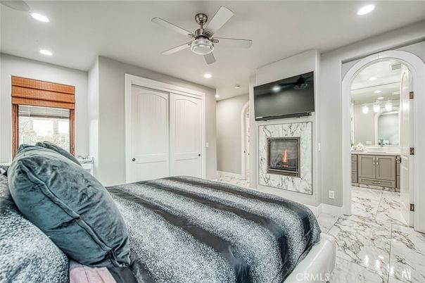 Bedroom, Fireplace, Interior, Marble, Recessed Lighting