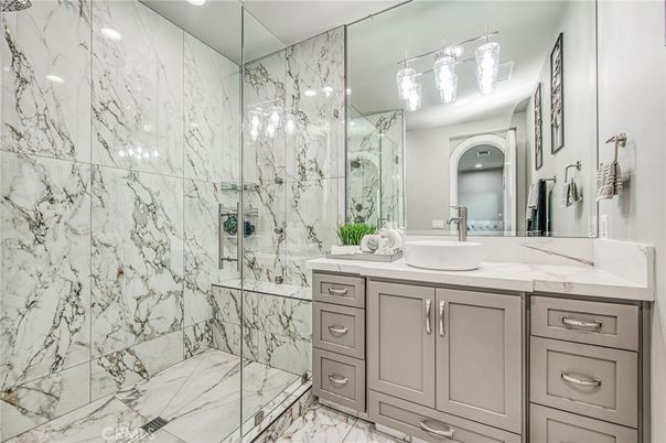 Bathroom, Glass Shower, Interior, Marble, Marble Walls, Recessed Lighting