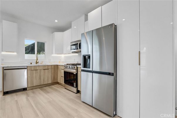Interior, Kitchen, Recessed Lighting, Stainless Steel Appliances, Wood Texture Flooring