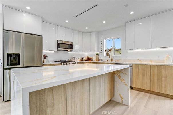 Interior, Kitchen, Recessed Lighting, Stainless Steel Appliances, Wood Texture Flooring