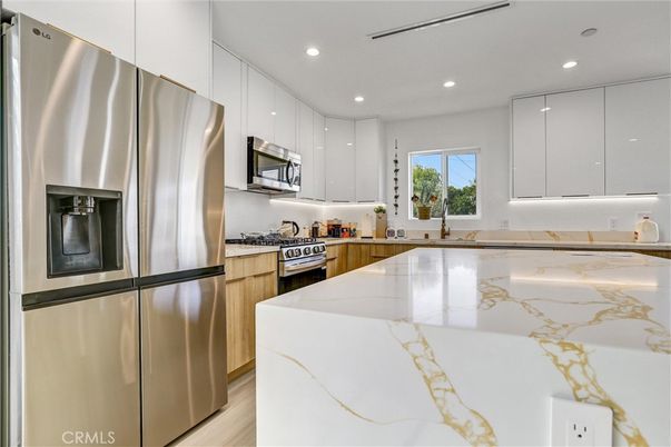 Interior, Kitchen, Recessed Lighting, Stainless Steel Appliances, Wood Texture Flooring
