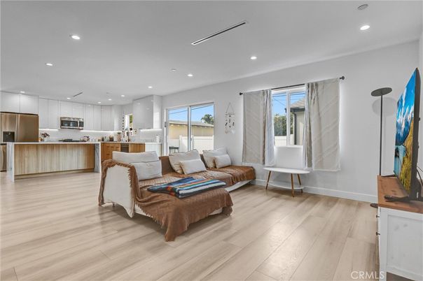Interior, Kitchen, Living room, Recessed Lighting, Stainless Steel Appliances, Wood Texture Flooring