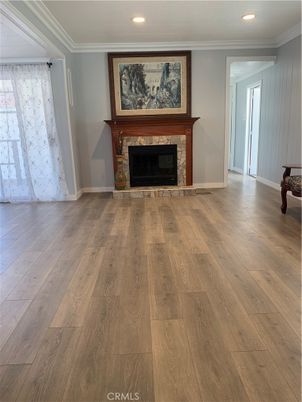 Empty room, Fireplace, Interior, Recessed Lighting, Wood Texture Flooring
