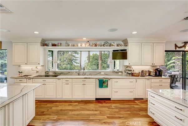 Interior, Kitchen, Marble Walls, Recessed Lighting, Wood Texture Flooring
