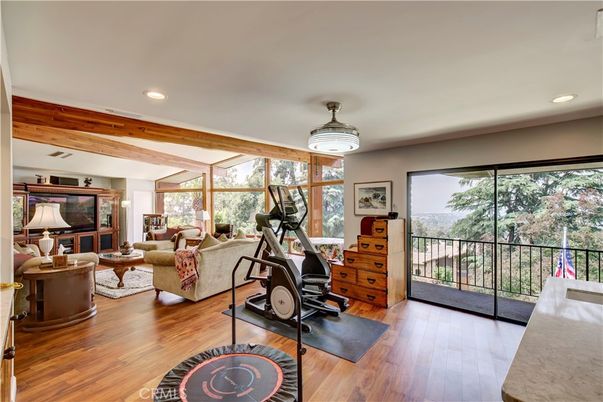 Fitness Equipment, Interior, Living room, Recessed Lighting, Wood Texture Flooring