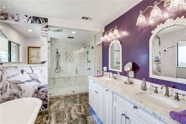 Bathroom, Dual Sink Vanities, Free Standing Baths, Glass Shower, Interior, Marble Walls, Recessed Lighting