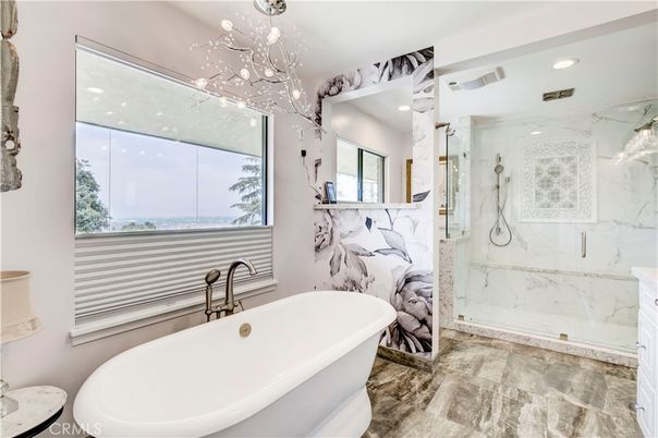 Bathroom, Free Standing Baths, Glass Shower, Interior, Marble Walls, Recessed Lighting