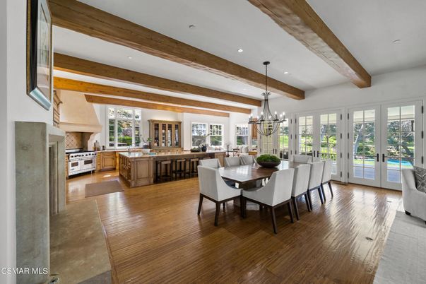 Chandelier, Dining room, Interior, Kitchen, Recessed Lighting, Wooden Beams, Wood Texture Flooring