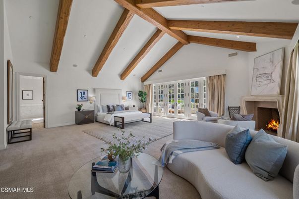Fireplace, Interior, Living room, Recessed Lighting, Wooden Beams