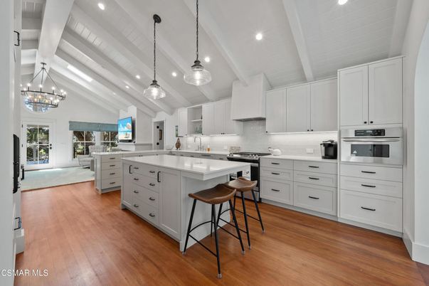 Chandelier, Interior, Kitchen, Pendant Lights, Recessed Lighting, Stainless Steel Appliances, Wood Texture Flooring