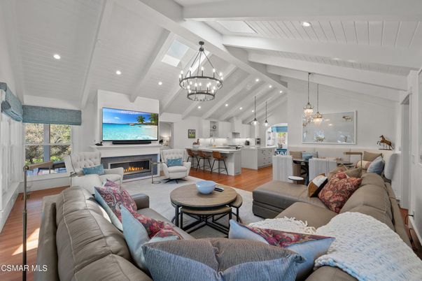 Chandelier, Dining room, Fireplace, Interior, Kitchen, Living room, Pendant Lights, Recessed Lighting, Wood Texture Flooring