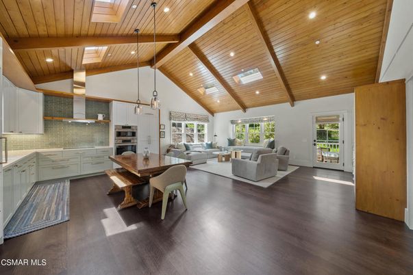 Dining room, Interior, Kitchen, Living room, Pendant Lights, Recessed Lighting, Stainless Steel Appliances, Wooden Beams, Wooden Ceilings, Wood Texture Flooring