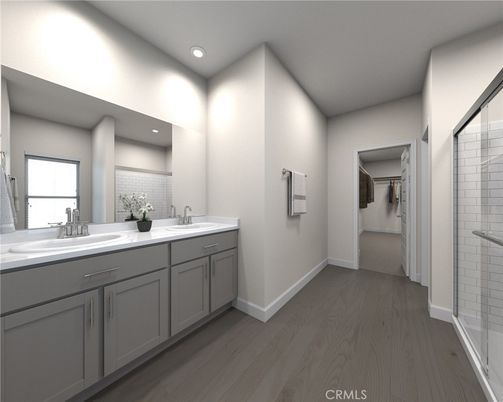 Bathroom, Dual Sink Vanities, Glass Shower, Interior, Recessed Lighting, Wood Texture Flooring