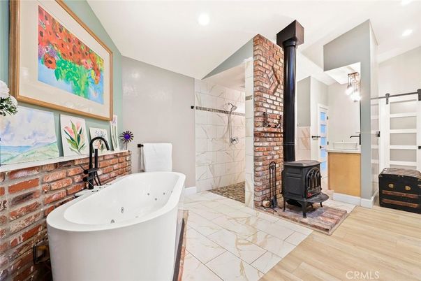 Bathroom, Free Standing Baths, Glass Shower, Interior, Recessed Lighting, Wood Texture Flooring