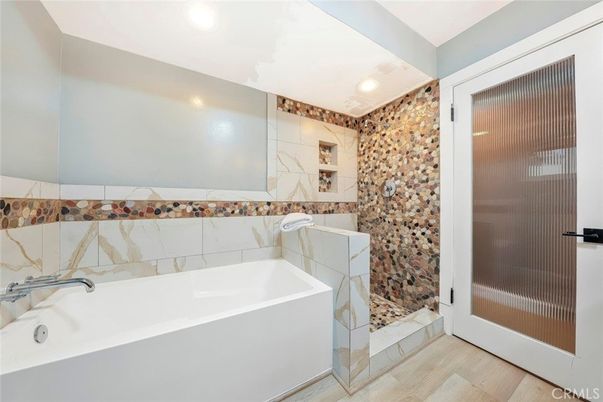 Bathroom, Glass Shower, Interior, Recessed Lighting, Wood Texture Flooring