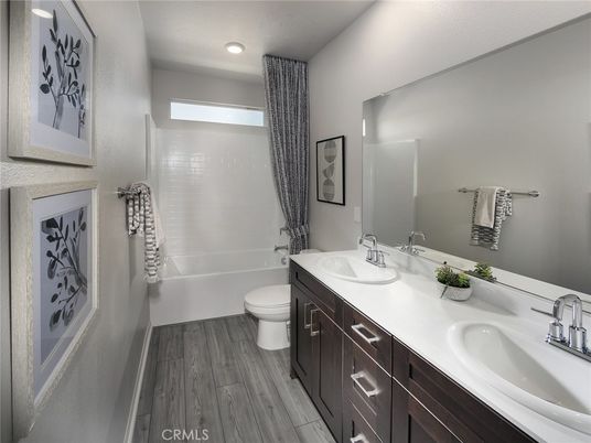 Bathroom, Dual Sink Vanities, Interior, Recessed Lighting, Wood Texture Flooring