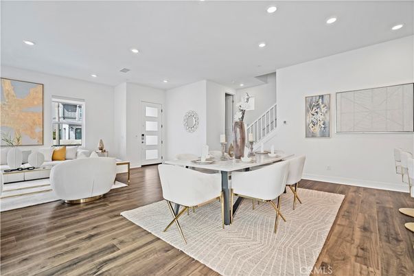 Dining room, Interior, Living room, Recessed Lighting, Wood Texture Flooring
