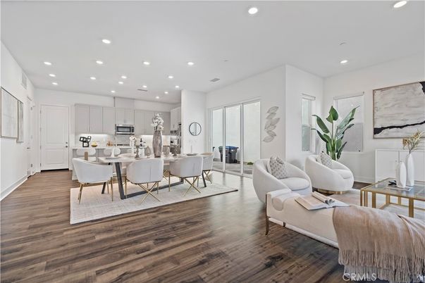 Dining room, Interior, Kitchen, Living room, Recessed Lighting, Stainless Steel Appliances, Wood Texture Flooring