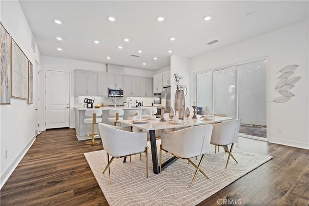 Dining room, Interior, Kitchen, Recessed Lighting, Stainless Steel Appliances, Wood Texture Flooring