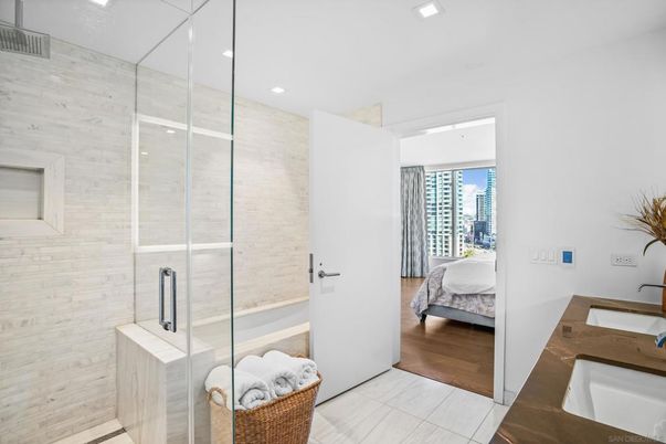 Bathroom, Bedroom, Dual Sink Vanities, Glass Shower, Interior, Recessed Lighting, Wood Texture Flooring